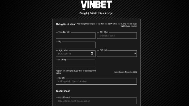 Bước 2: Tiến hành đăng ký VINBET